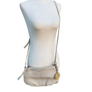 Isaac Mizrahi White Leather Crossbody Bag Gold Charm Tassel Accent Zip Top
